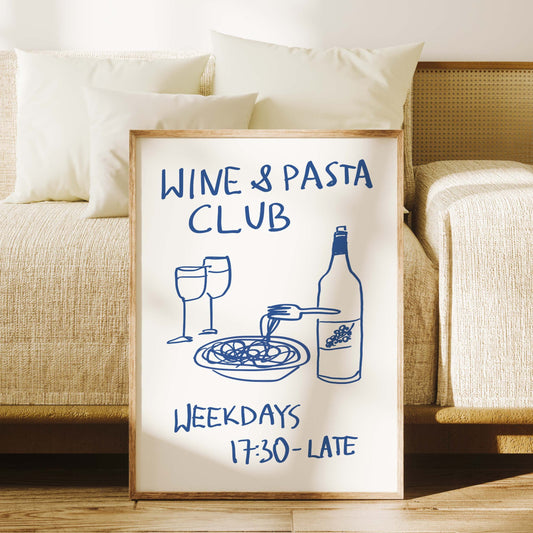 wine and pasta club kitchen hand made drawing quote wall art print simple decor aesthetic living room bedroom  decor gift idea art instant digital download trendy poster typography quote print cart art studio apartment decor pop art