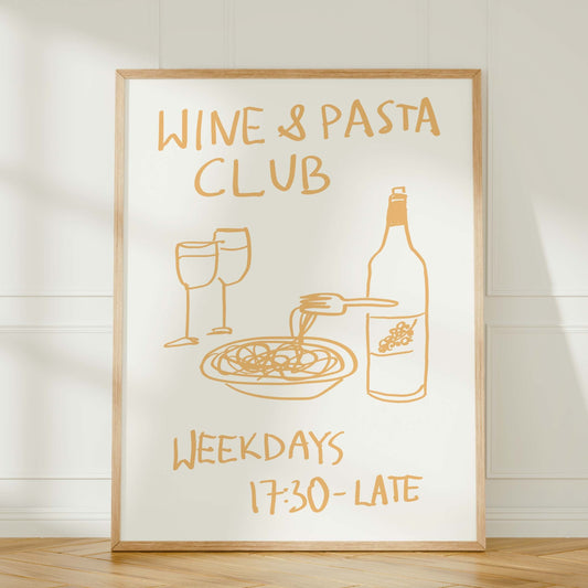 wine and pasta club hand made drawing kitchen print wall decor Print Poster Trendy Living Room Bedroom Decor Quote Minimalistic Aesthetic Apartment Wall Art Instant Digital Download