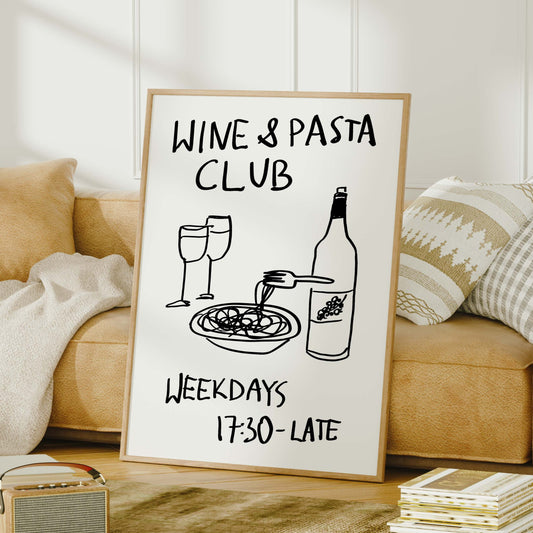 wine & pasta club print kitchen wall decor handmade hand drawing black and white quote wall art print simple decor aesthetic living room bedroom  decor gift idea art instant digital download trendy poster typography quote print cart art studio apartment decor pop art